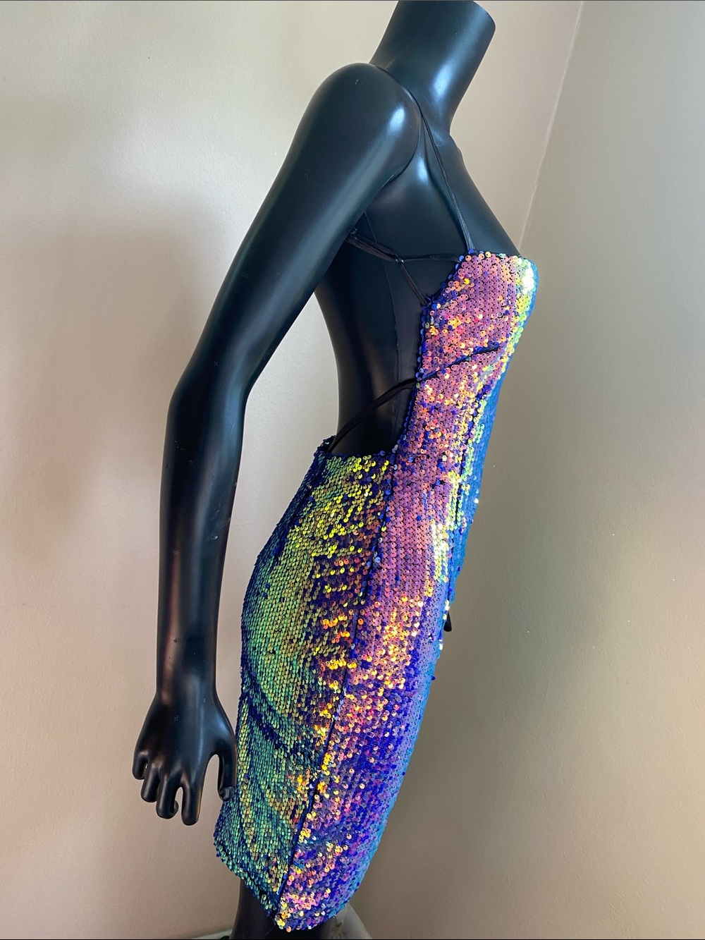 Iridescent Multi-Sequin Cowl Midi Dress - Black Straps - Picture 7 of 12
